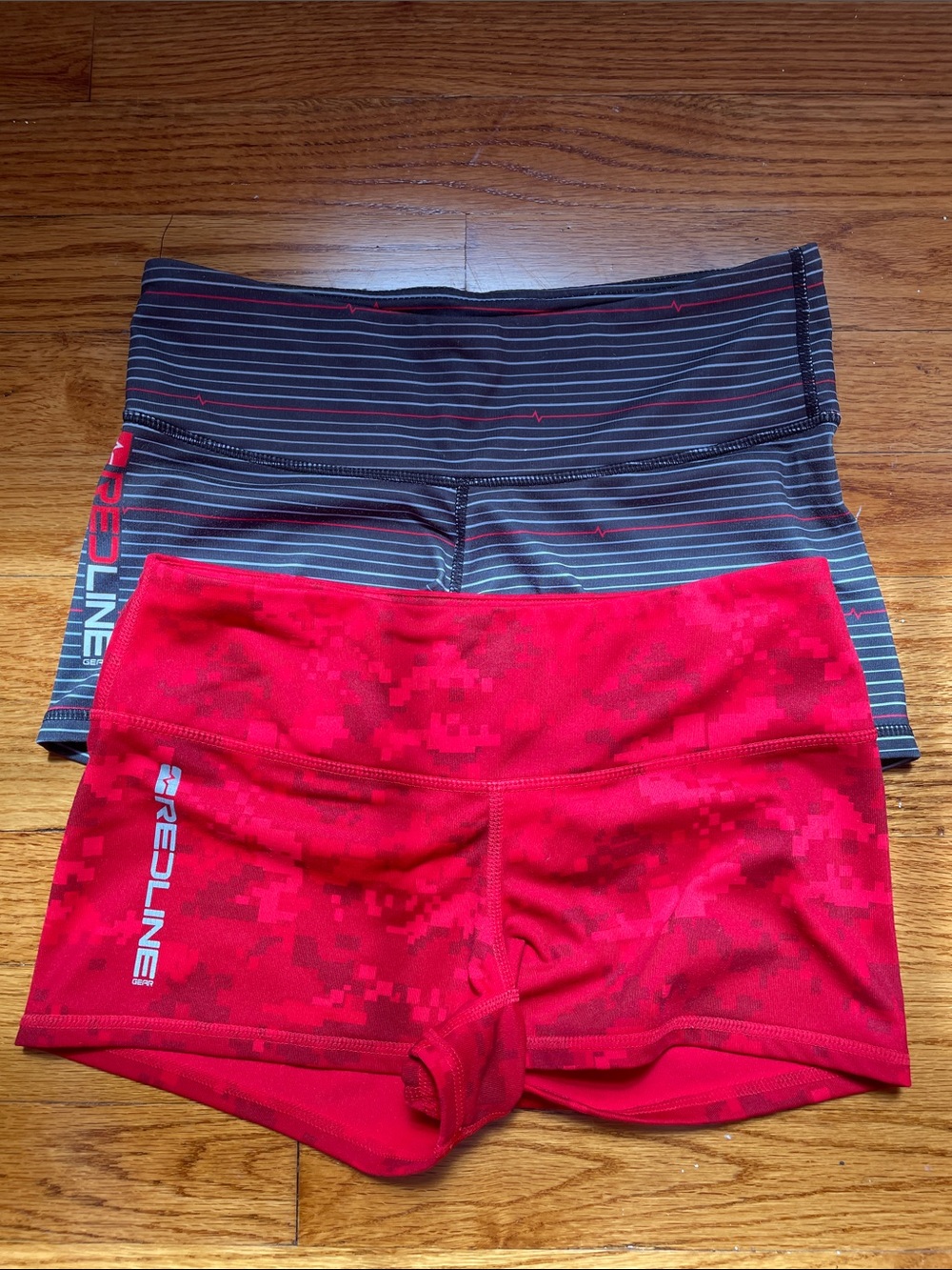 Redline Women’s Athletic Shorts — Red Digital Camo and Gray Striped